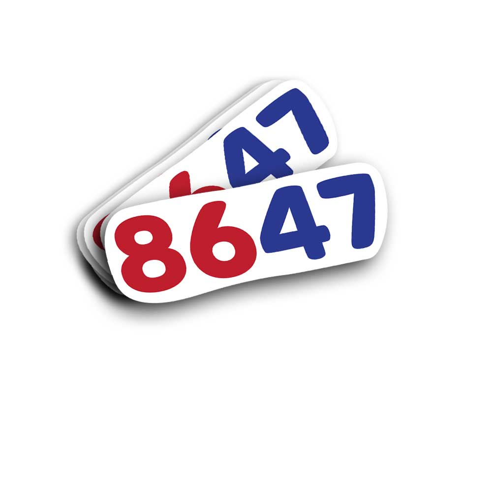 Sticker with the text '8647' in red and blue on a white background