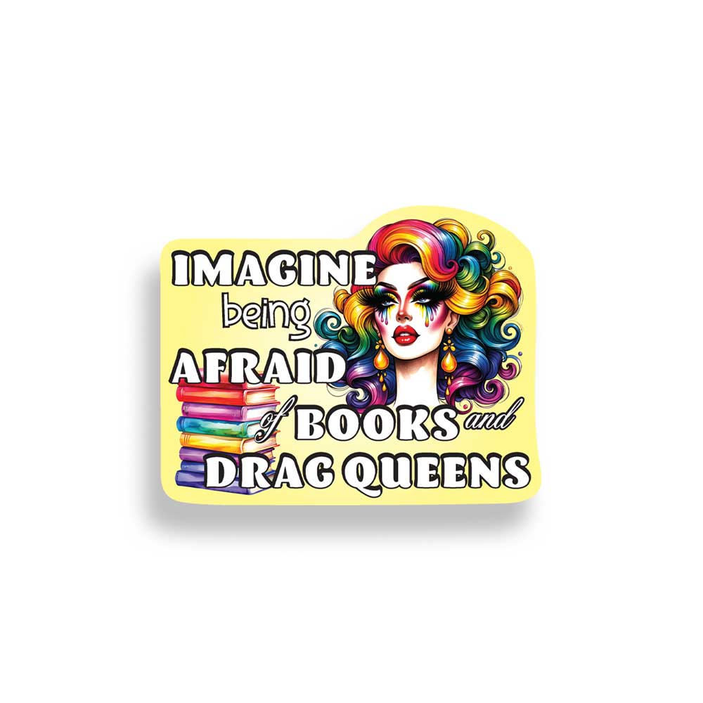 Sticker with drag queen illustration and text on a white background