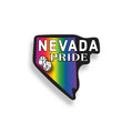 Pride flag design shaped like the state of Nevada with 'Nevada Pride' text on a white background.