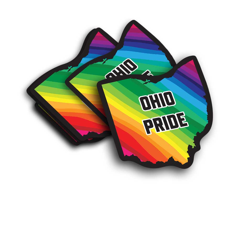 Ohio-shaped sticker with 'Ohio Pride' text on a rainbow background