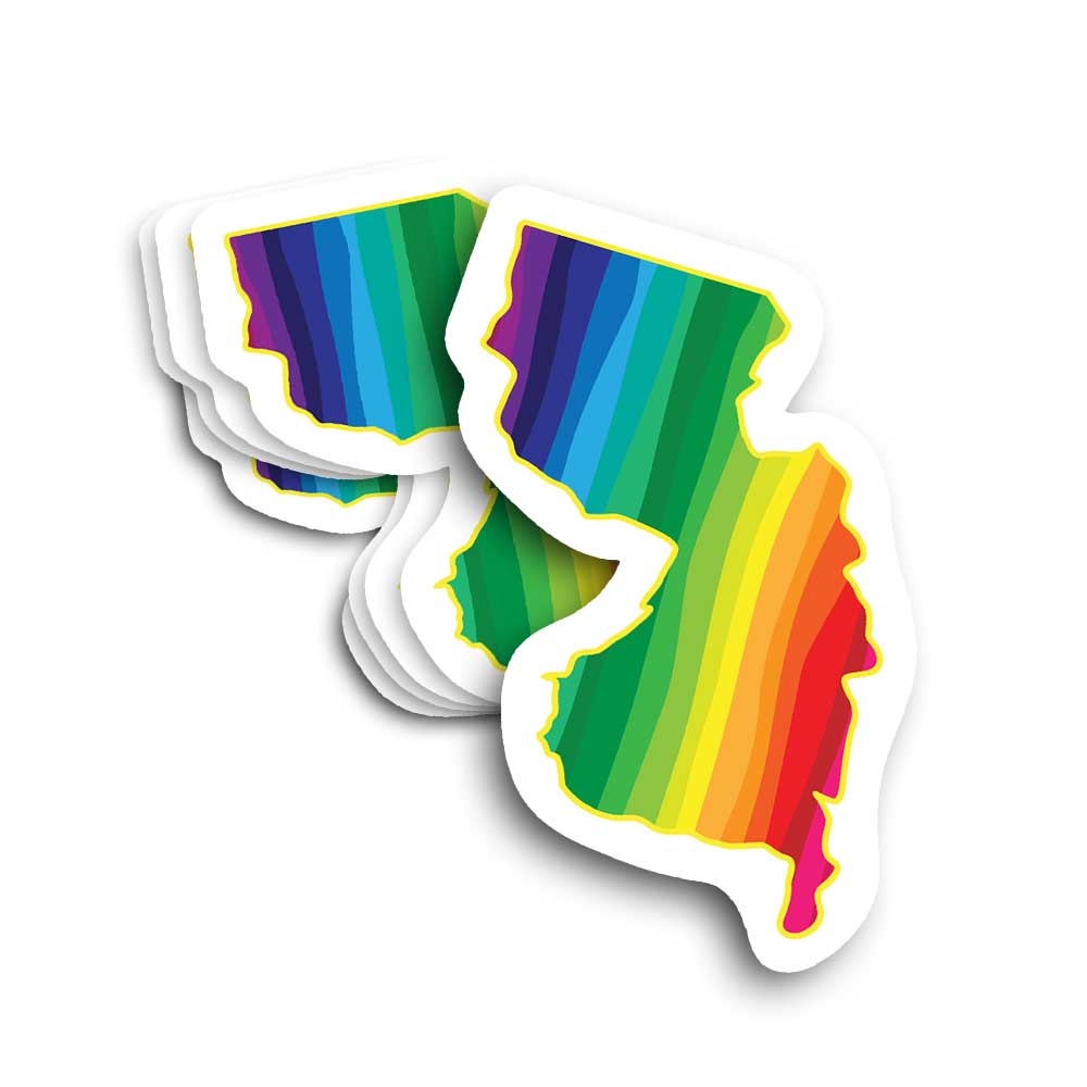 Stack of rainbow-colored New Jersey state-shaped stickers on a white background