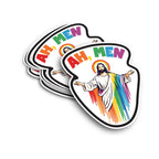 Sticker with rainbow design, Jesus Christ, and 'AH, MEN' text on a white background