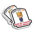 Sticker with cartoon depiction King Trump wearing a crown and text on a white background