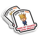 Sticker with cartoon depiction King Trump wearing a crown and text on a white background