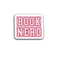 Sticker with 'BOOK NERD' text on a pink background