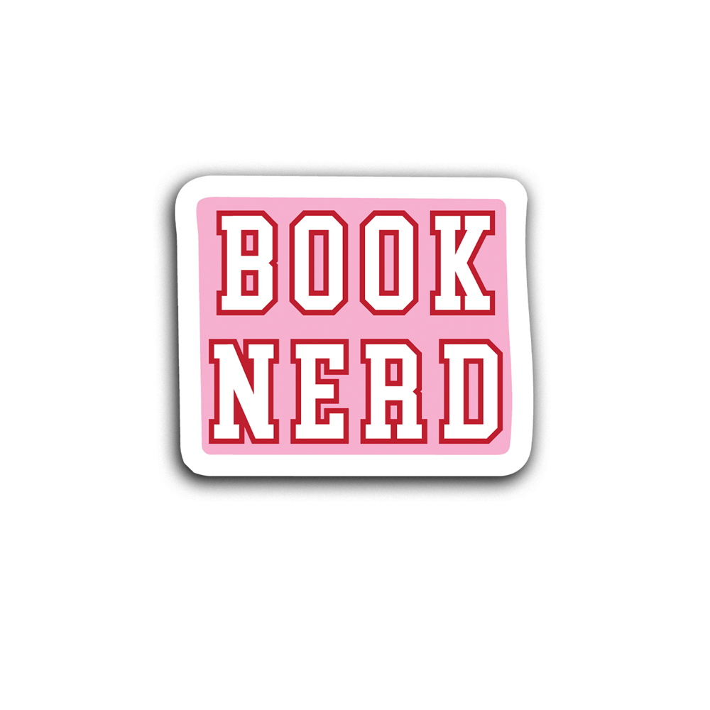Sticker with 'BOOK NERD' text on a pink background