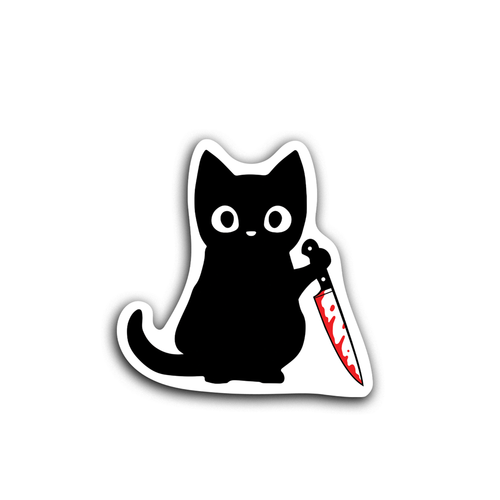 Black cat holding a bloody knife on a white background