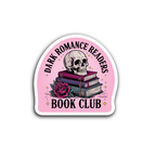 Dark romance REaders vinyl sticker with a skeleton head on a pink background