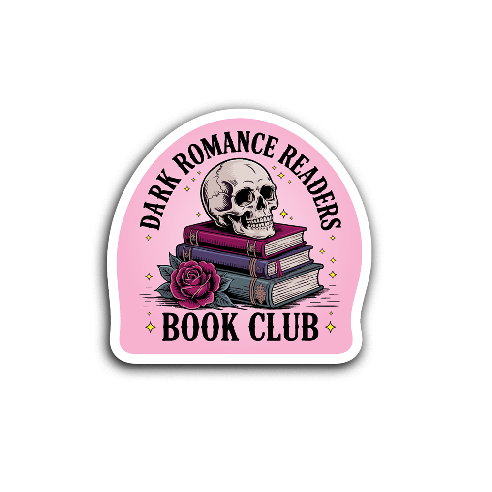 Dark romance REaders vinyl sticker with a skeleton head on a pink background