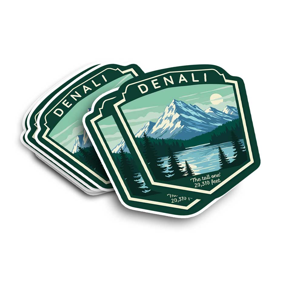 Three overlapping hexagonal stickers featuring a mountain lake scene with the brand name DENALI at the top, shown on a clean white background.