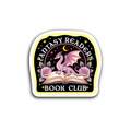 Sticker with a dragon on an open book, surrounded by flowers and stars, with 'Fantasy Readers Book Club' text.