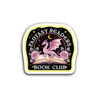 Sticker with a dragon on an open book, surrounded by flowers and stars, with 'Fantasy Readers Book Club' text.