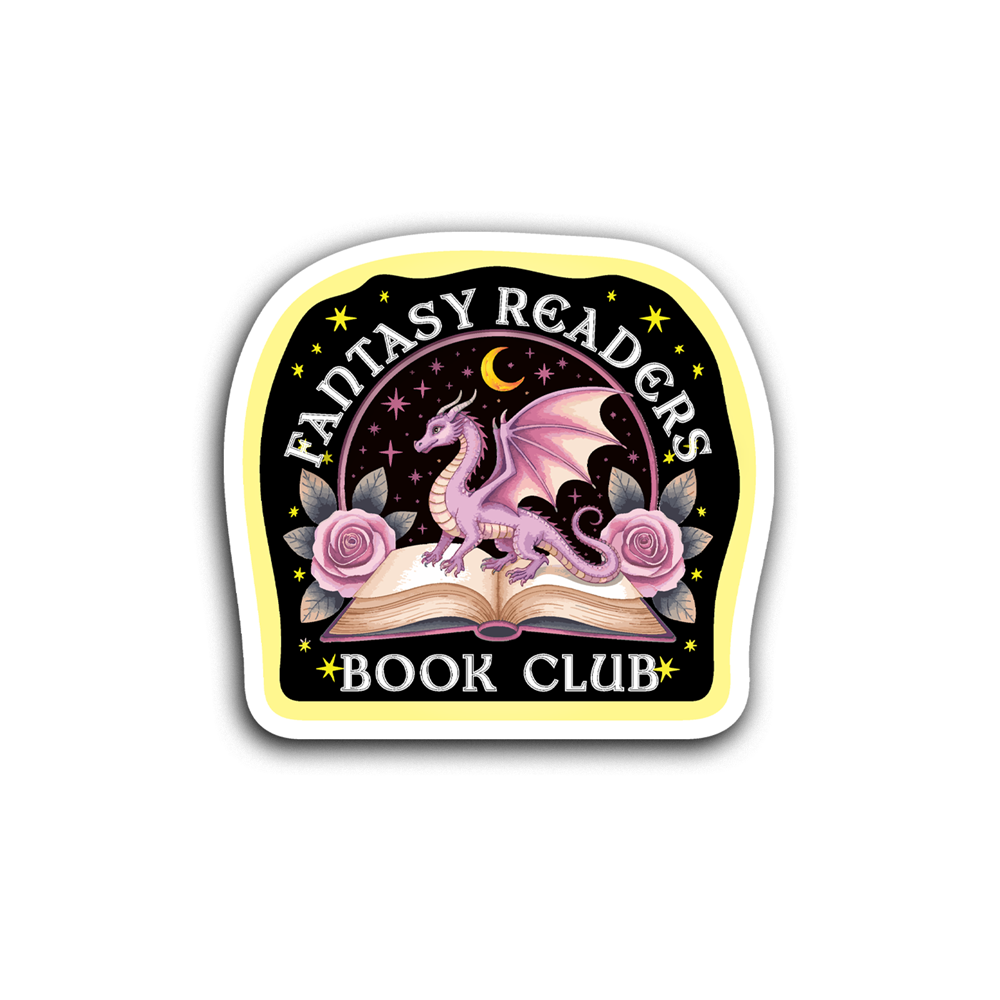 Sticker with a dragon on an open book, surrounded by flowers and stars, with 'Fantasy Readers Book Club' text.
