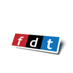 Colorful logo with 'f d t' letters on a white background - a political commentary parody of the NPR logo