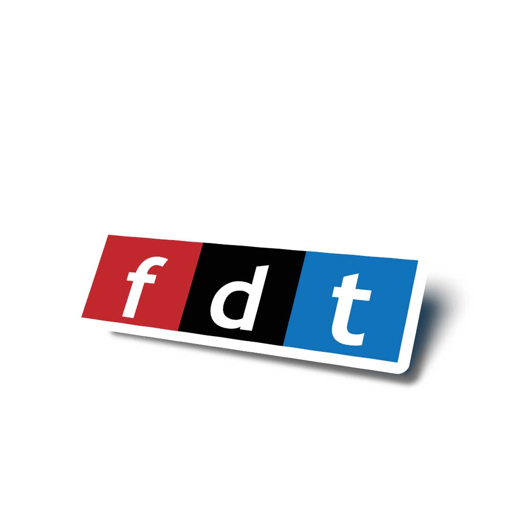 Colorful logo with 'f d t' letters on a white background - a political commentary parody of the NPR logo