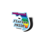 Sticker shaped like the state of Florida with rainbow colors and 'Florida PRIDE' text on a white background.
