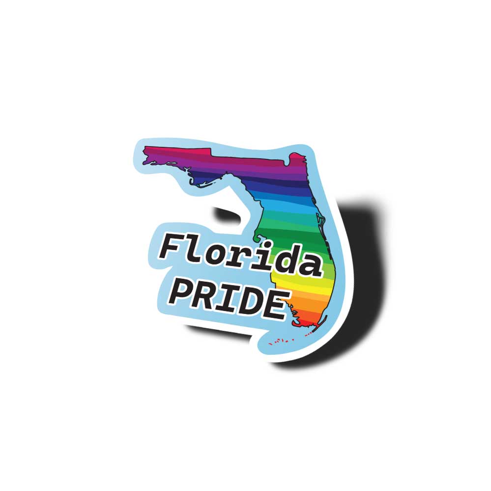 Sticker shaped like the state of Florida with rainbow colors and 'Florida PRIDE' text on a white background.