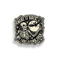 Sticker with skeleton, bat, and text 'There it goes my last flying fck on a white background