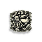 Sticker with skeleton, bat, and text 'There it goes my last flying fck on a white background