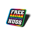 Sticker with 'FREE MOM HUGS' text in rainbow colors on a white background