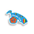 Sticker shaped like a map of Hawaii with 'Hawaiian Pride' text and rainbow designs with a hibiscus flower on a white background.