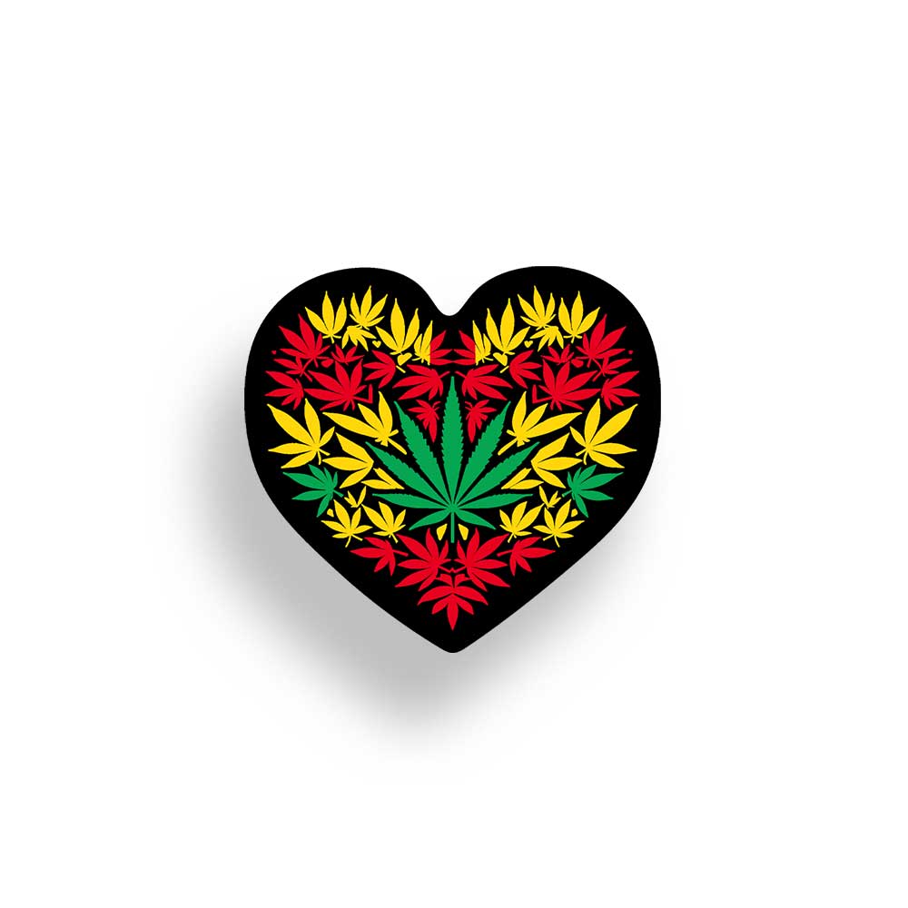 Heart-shaped sticker with colorful cannabis leaf design on a black background with yellow, green and reds