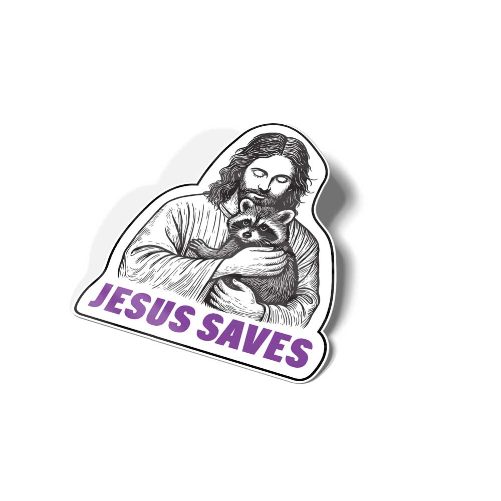 Sticker with illustration of a person holding a raccoon and 'Jesus Saves' text on a white background