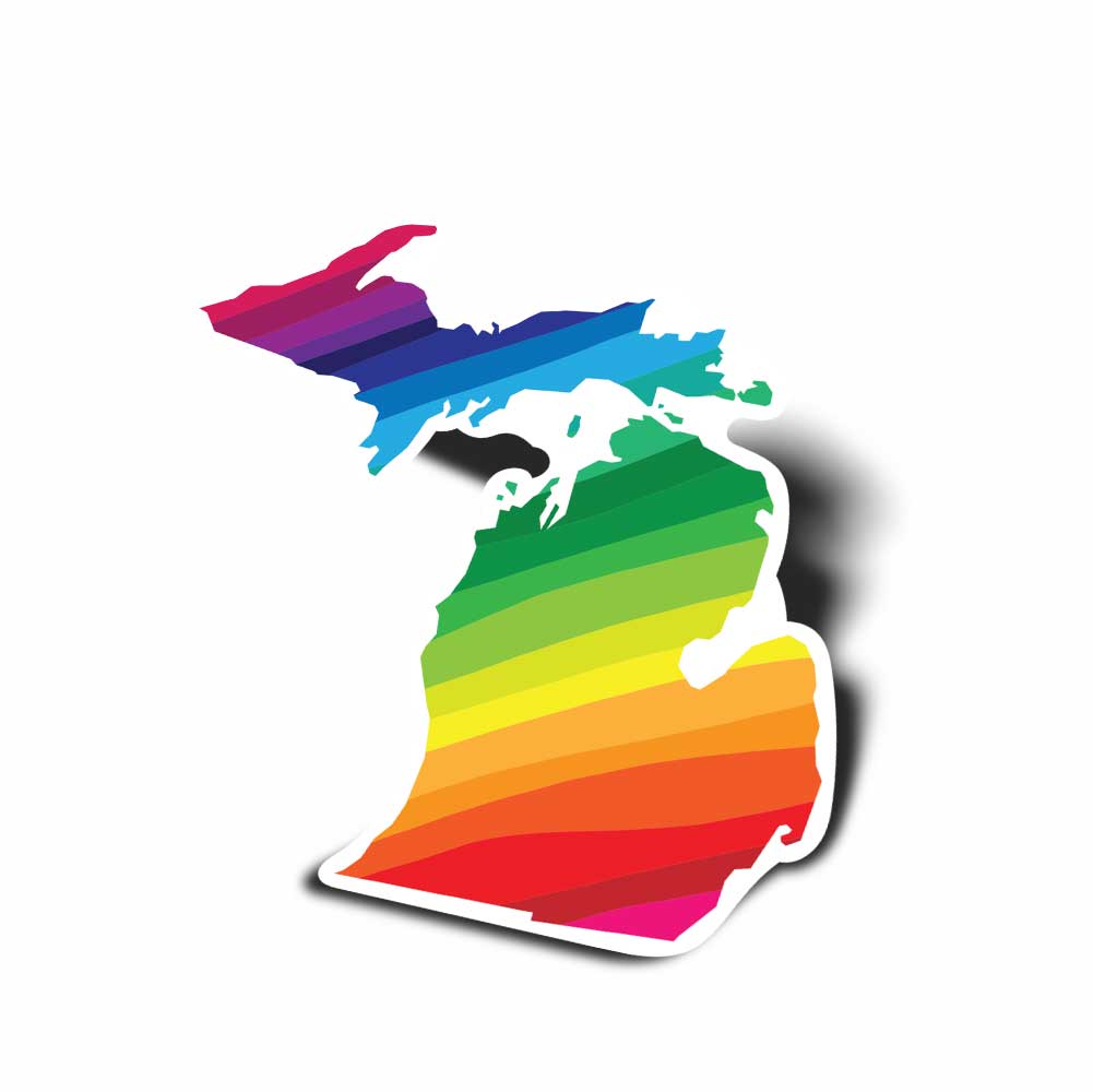 Colorful rainbow-shaped Michigan sticker on a white background