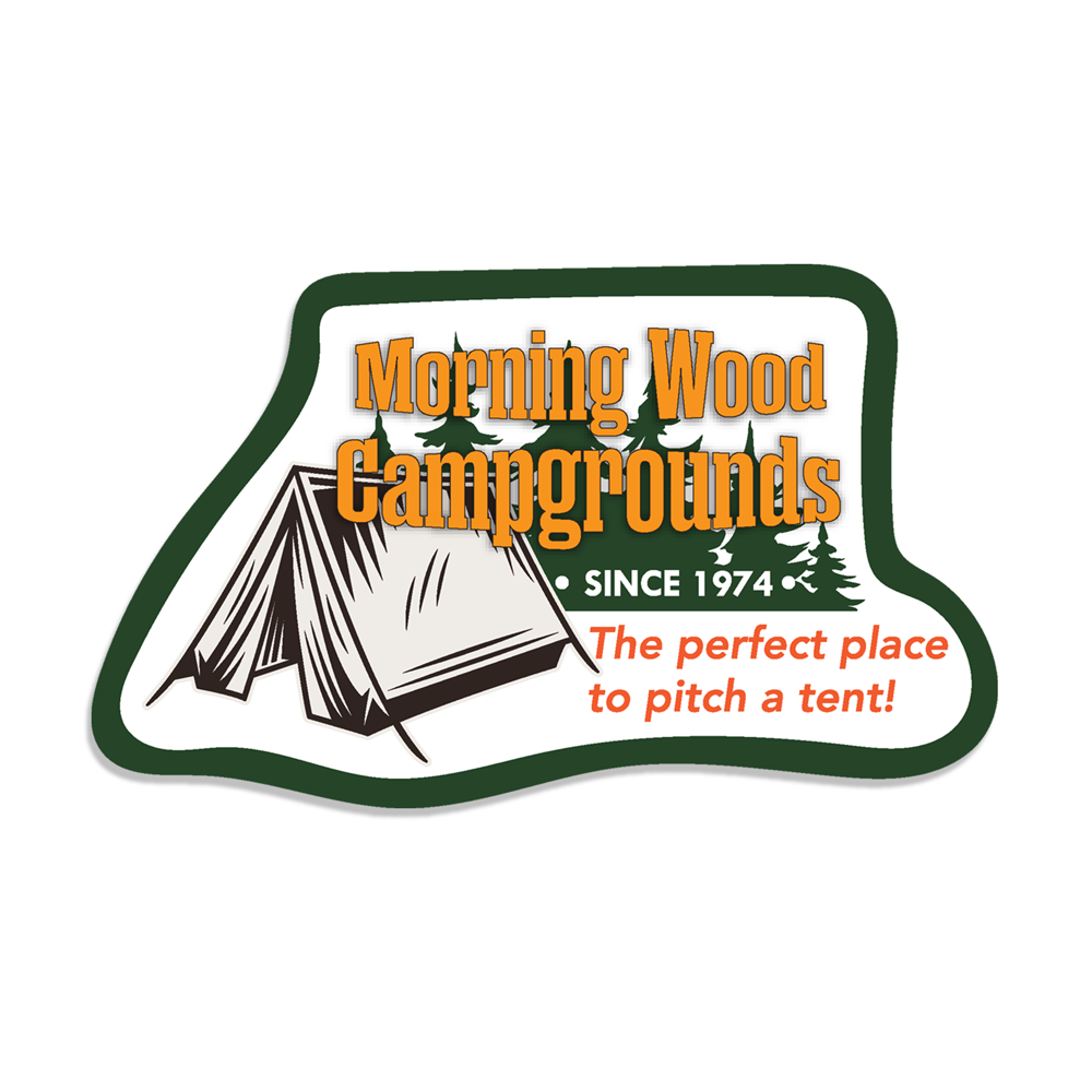 Logo for Morning Wood Campgrounds with a tent illustration on a white background