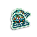 Sticker with 'Protect Our National Parks' text and nature design on a white background