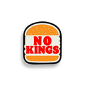 Sticker with 'No Kings' text on a white background emulating a Burger King logo.
