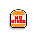 Sticker with 'No Kings' text on a white background emulating a Burger King logo.