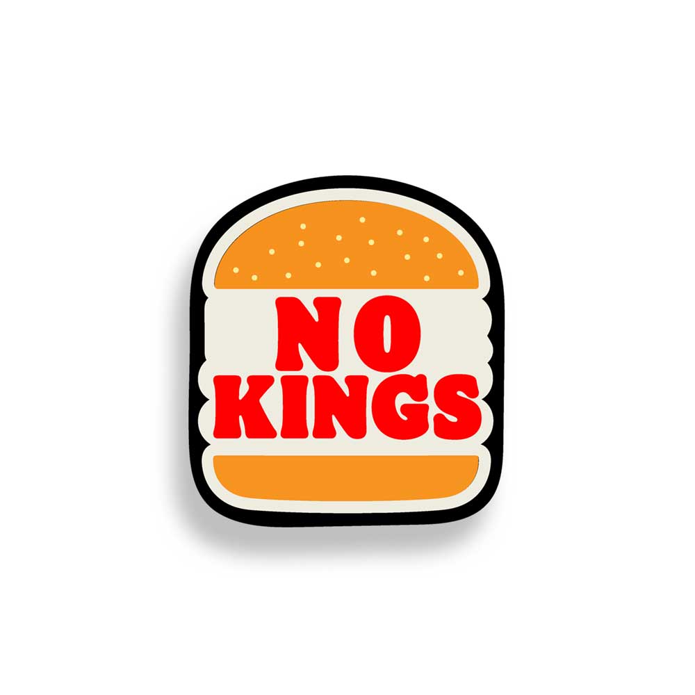 Sticker with 'No Kings' text on a white background emulating a Burger King logo.