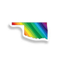 Rainbow-colored Oklahoma-shaped sticker on a white background
