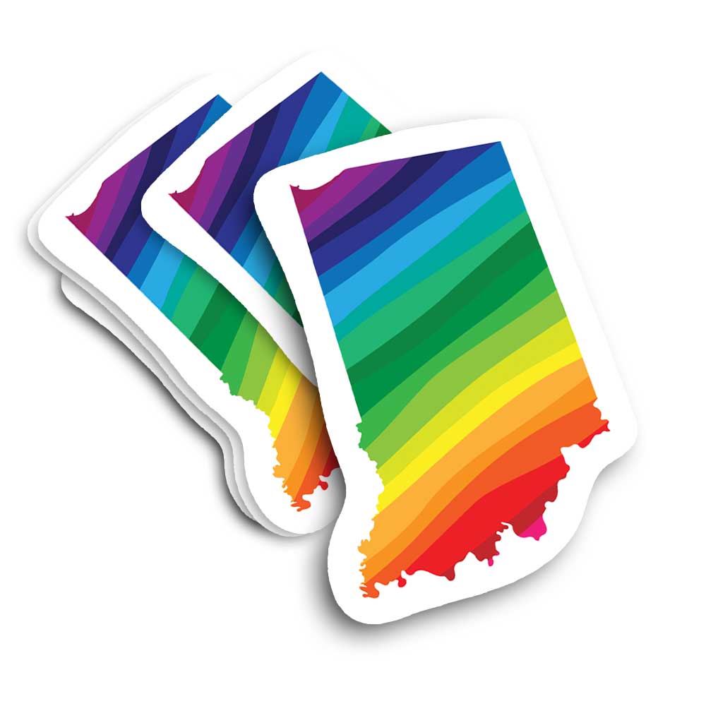 Rainbow colored sticker in shape of Indiana on a white background