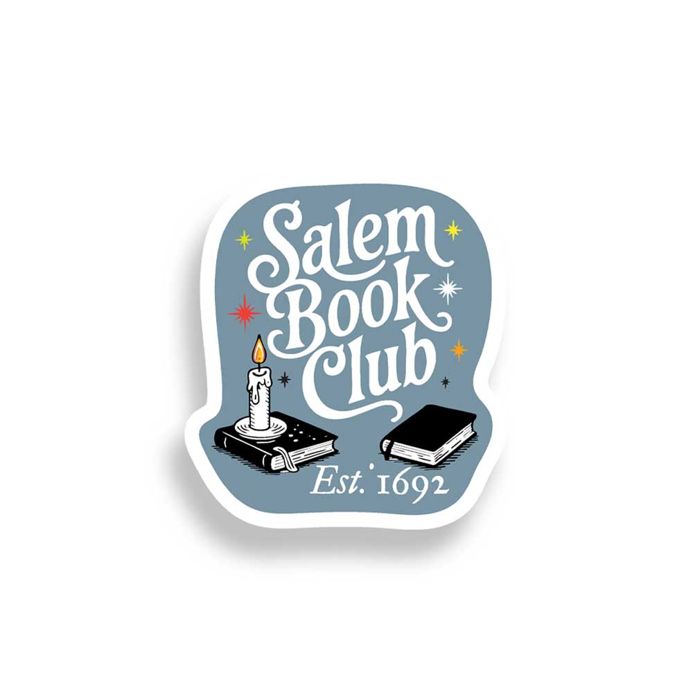 Sticker with 'Salem Book Club' text and books design on a light blue background