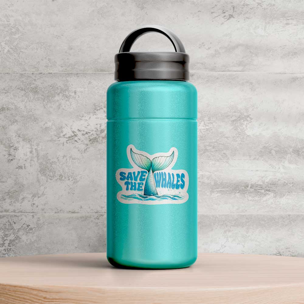 Turquoise water bottle with 'Save the Whales' design on a gray concrete background