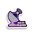 Sticker with a satellite dish design and 'Sci-Fi Reader' text on a white background