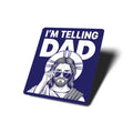 Sticker with a design of a person wearing sunglasses and text 'I'm Telling Dad' on a blue background