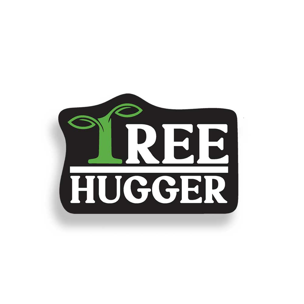 Sticker with 'Tree Hugger' text and a green tree graphic on a white background