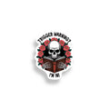 Sticker with a skull reading a book surrounded by roses and 'Trigger Warning? I'm In!' text on a white background.