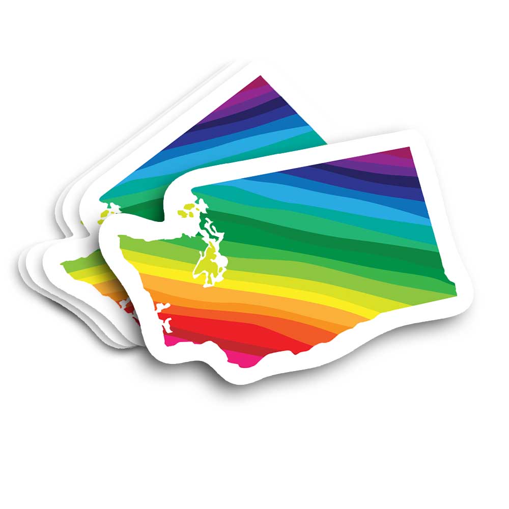 Colorful rainbow-shaped sticker with a Washington state map design on a white background