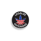 Button with American flag cannabis leaf design and 'Legalize Nationwide' text on a white background. Pot, Cannabis, Marijuana