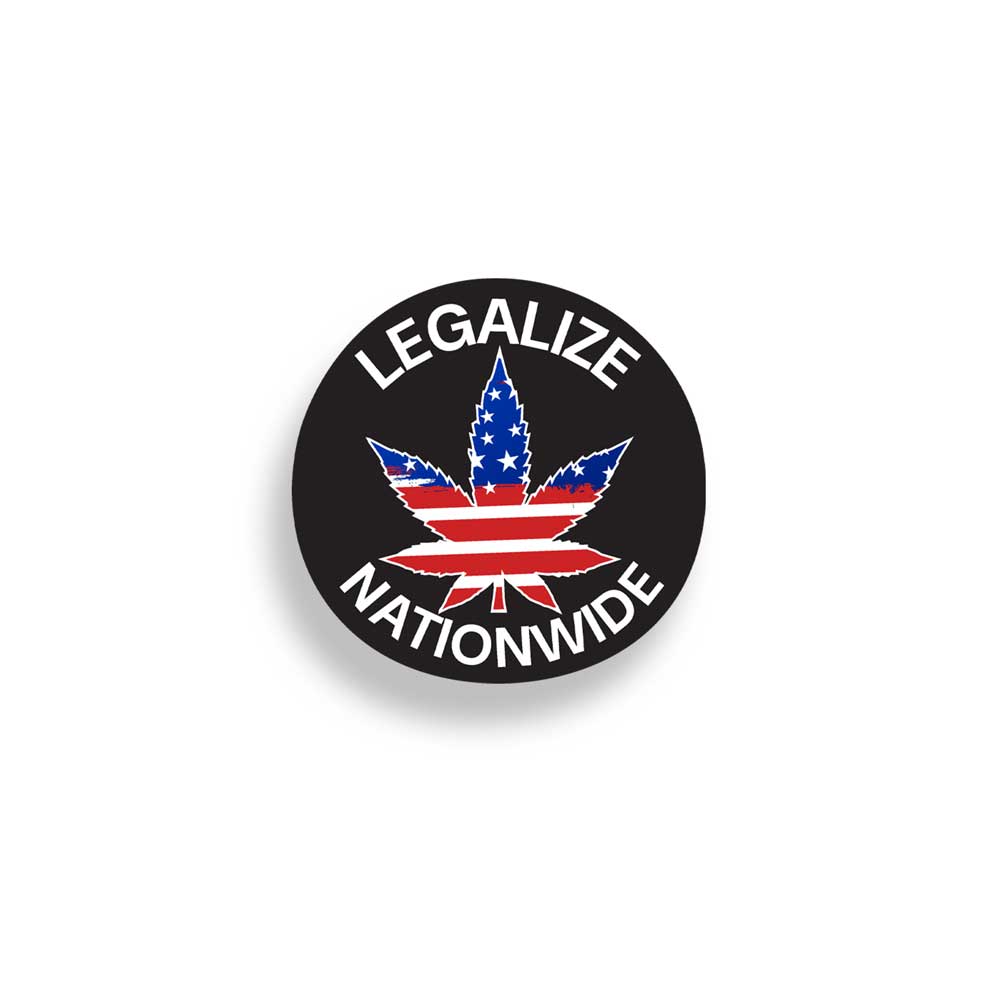 Button with American flag cannabis leaf design and 'Legalize Nationwide' text on a white background. Pot, Cannabis, Marijuana